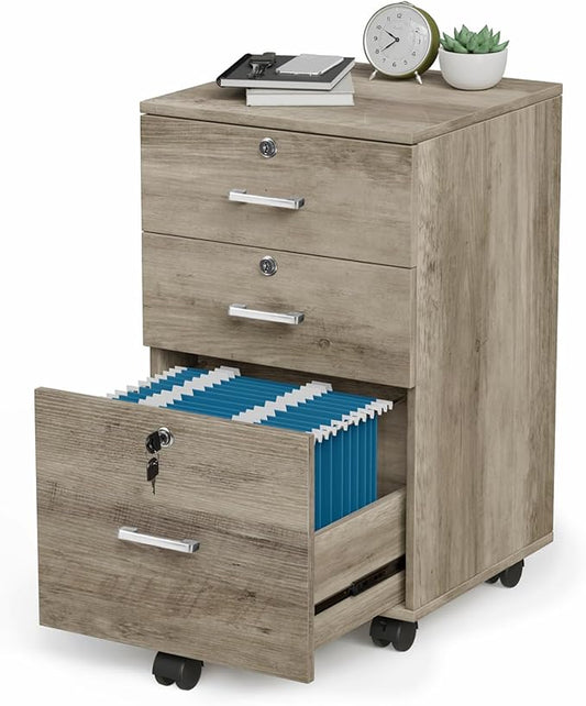 VINGLI 3-Drawer File Cabinet with Lock, Wood Rolling Under Desk File Cabinets for Home Office, Mobile Printer Stand & Filing Organizer for Letter Sized Files, 26" H(Caster Included), Rustic Gray