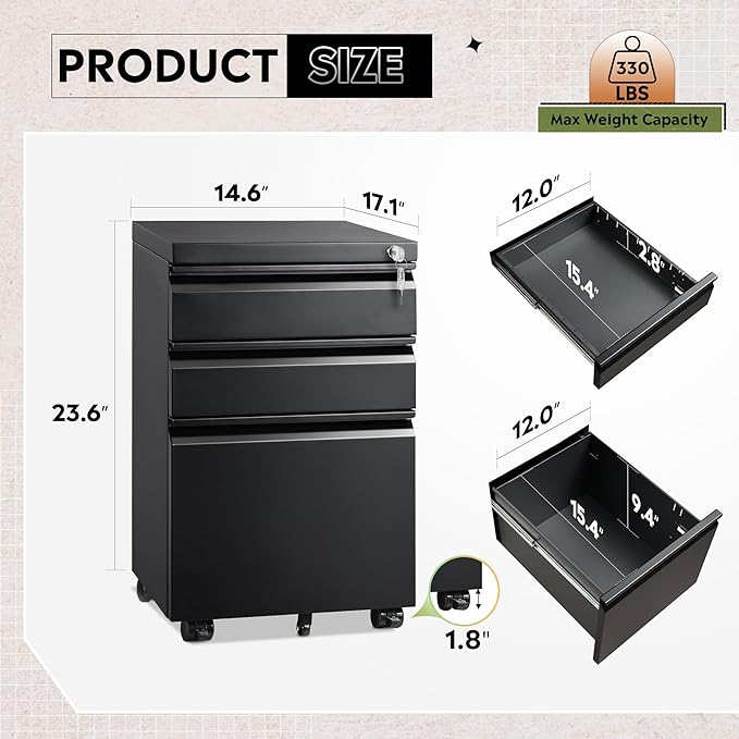 DEVAISE 3 Drawer Mobile File Cabinet Under Desk Office, Fully Assembled Except Casters, Letter/Legal Size, Black