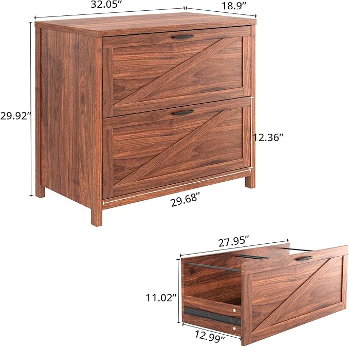 VOWNER 2 Drawer Farmhouse File Cabinet, Filing Cabinet with Printer Stand, Fit A4, Letter Size, Hanging File Folders for Home Office, Walnut