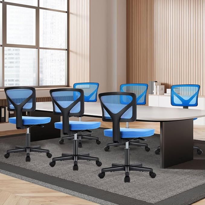 Armless Mesh Office Chair, Ergonomic Low Back Deskchair, Adjustable Rolling Task Computer Swivelchairs for Small Spaces Home Bedroom Study, Blue