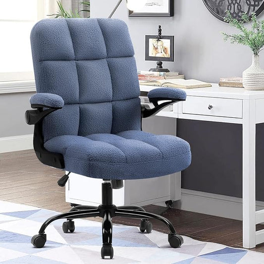 SEATZONE Blue Office Chair with Wheels,Ergonomic Home Office Computer Chair with Flip-up Armrest,Comfy Adjustable Rolling Chair Teddy Fleece