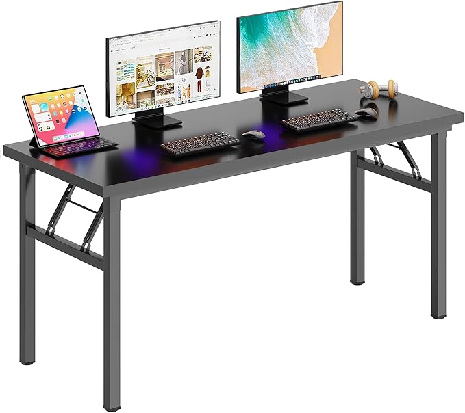 sogesfurniture Computer Desk 62 inches Office Desk Computer Table Study Writing Desk Workstation for Home Office Metal Frame Folding Table, Black