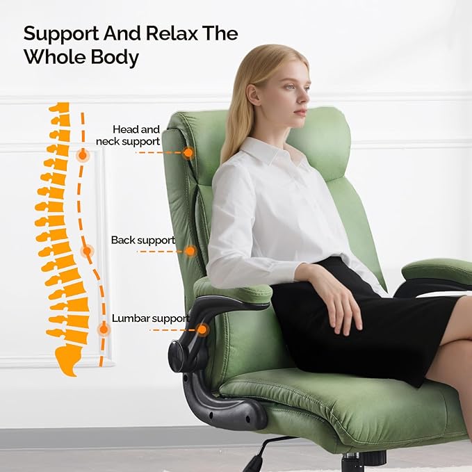 VINGLI Rolling Ergonomic Office Desk Chair with Padded Flip-up Arms, 360° Swivel High Back Executive Computer Task Chair with Wheels for Game,Home Small Space, Study Room, Reading Room,Pu Green