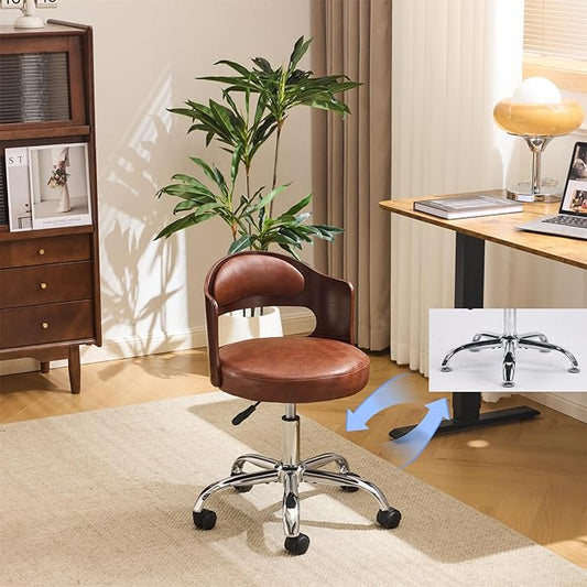 VINGLI Armless Home Office Desk Chair, Adjustable Swivel Chair,Dual-Use with/no Wheels,Small Retro Designed Walnut Curved Task Chair,Cushioned Nail Tech Chair for Study Area,Workspace,PU,Brown