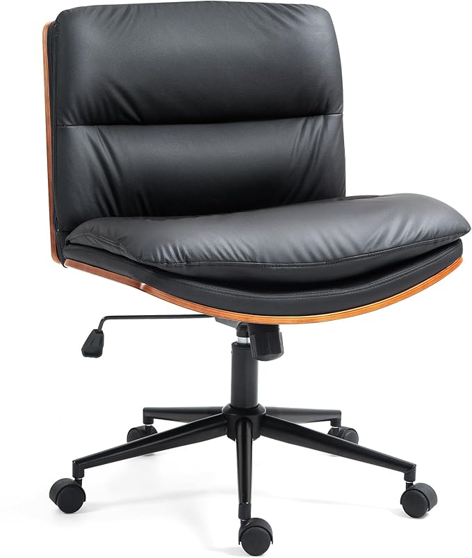 Office Chair, Criss Cross Legged Office Desk Chairs with Wheels, PU Leather Adjustable Swivel Walnut Task Chair with Wide Seat, Ergonomic Mid Back Computer Chair for Meeting Room, Home