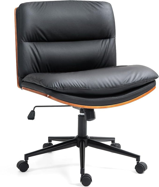 Office Chair, Criss Cross Legged Office Desk Chairs with Wheels, PU Leather Adjustable Swivel Walnut Task Chair with Wide Seat, Ergonomic Mid Back Computer Chair for Meeting Room, Home
