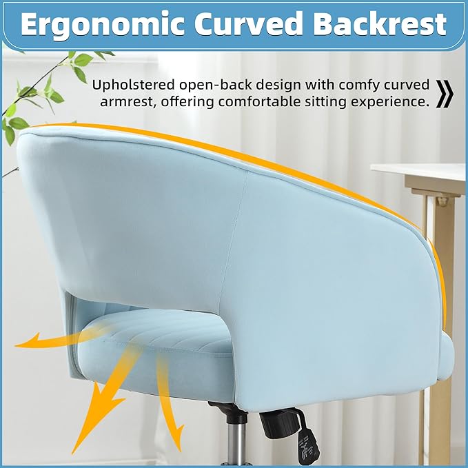 ABET Desk Chair with Wheels, Velvet Home Office Chair, Swivel Armchair Gold Base, Upholstered Modern Accent Chairs, Back Incline Adjustable for Living Room Bedroom Vanity, Light Blue