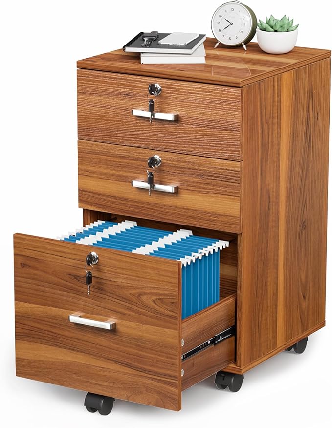 VINGLI 3-Drawer File Cabinet with Lock, Wood Rolling Filing Cabinets for Home Office, Mobile Printer Stand, Under Desk File Organizer for Letter Sized Files, 26" H(Caster Included), Walnut