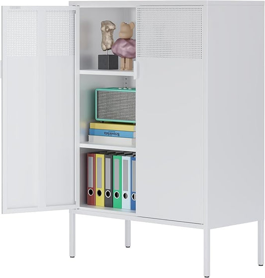 2 Door Accent White Metal Storage Cabinet with Adjustable Shelves and Air Vent Doors, 3 Tier Metal Sideboard Cabinet for Home, Office, Entryway, Hallway, Assembly Required, (LC-WGG-W)