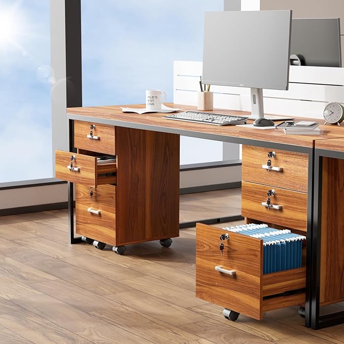 VINGLI 3-Drawer File Cabinet with Lock, Wood Rolling Filing Cabinets for Home Office, Mobile Printer Stand, Under Desk File Organizer for Letter Sized Files, 26" H(Caster Included), Walnut