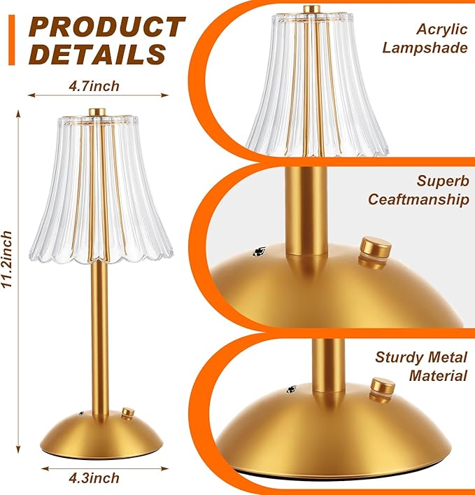 Liliful 4 Pcs LED Portable Cordless Table Lamp Touch Battery Operated Rechargeable Gold Desk Lamp 3 Color Dimmable for Bedroom Living Room Dining (Gold,Rose Style)