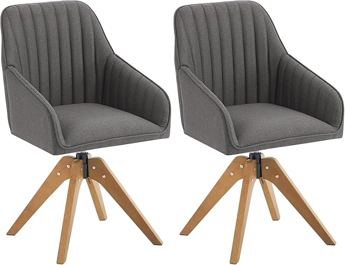 Furniliving Mid Century Modern Accent Chair Set of 2, 36.8 Inch Upholstered Swivel Chair for Living Room with Arms Home Office Desk Chair for Bedroom Wood Legs Computer Task Chair No Wheels, Darkgrey