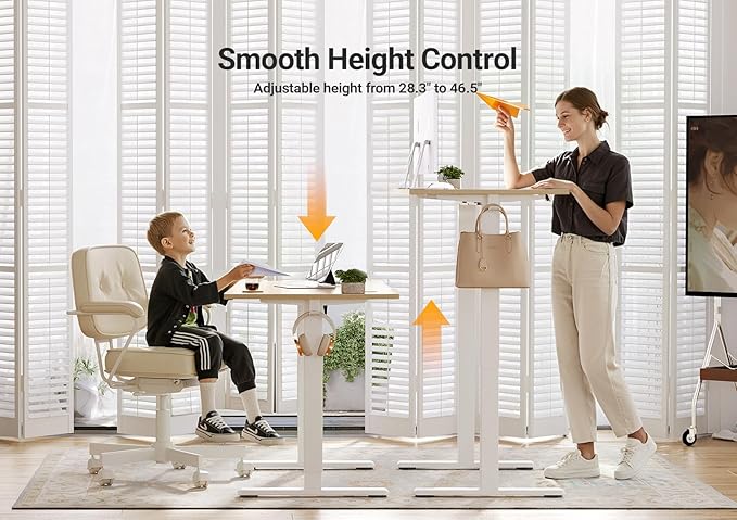 Seang Electric Standing Desk Adjustable Height, 55 x 24 Inch Sit Stand Desk with T-Shaped Frame, 3 Memory Presets & Cable Management for Home Office Computer Workstation, White Frame/Nature Top