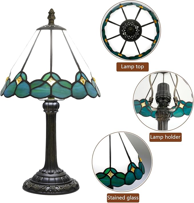 White Tiffany Lamp Small Bedside Dector Light Vintage Stained Glass Table Lamp Living Room Night Lamp Farmhouse Cute Blue Green Butterfly Wings Style Bedroom Nightstand Desk Lamps 8 Inch Mini Gift