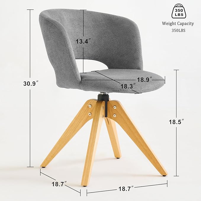 Mid Century Modern Swivel Accent Chair with Solid Wood Legs, Home Office Desk Chair No Wheels, Makeup Chair for Vanity, Upholstered Chair for Bedroom, Grey