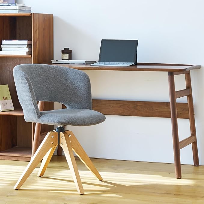 Mid Century Modern Swivel Accent Chair with Solid Wood Legs, Home Office Desk Chair No Wheels, Makeup Chair for Vanity, Upholstered Chair for Bedroom, Grey