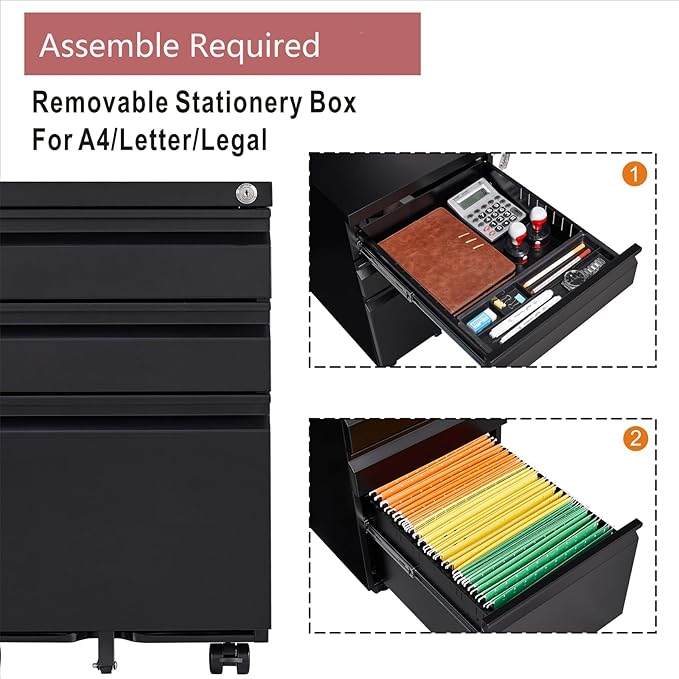 LUCYPAL 3 Drawer File Cabinet,Metal Filing Cabinet with Lock for Home Office,Under Desk Mobile File Cabinets for Letter/Legal/A4 Size,Black,Assemble Required