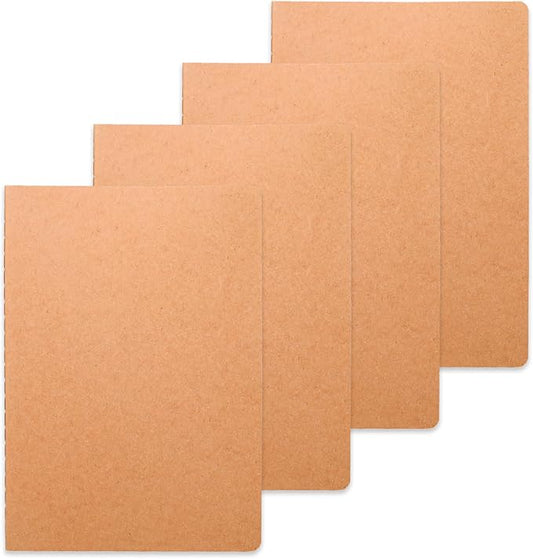 miikoul 4 Pack A5 Kraft Paper Notebook Lined Journal Bulk, 8.3 X 5.5 Inch, 60 Pages/30 Sheets, 80gsm, Travel Notebook Notepad for Adult, Students, Gift, Office, Back to School Supplies