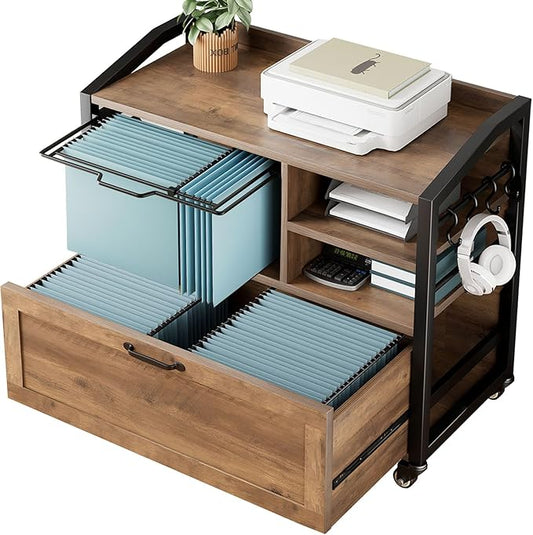 HSH Mobile Lateral File Cabinet with Drawer, Rolling Filing Cabinet for LegalLetter Size, Printer Stand with Storage Shelf, Lockable Wheels, Hanging File Organizer for Home Office, Rustic Oak, 33Inch