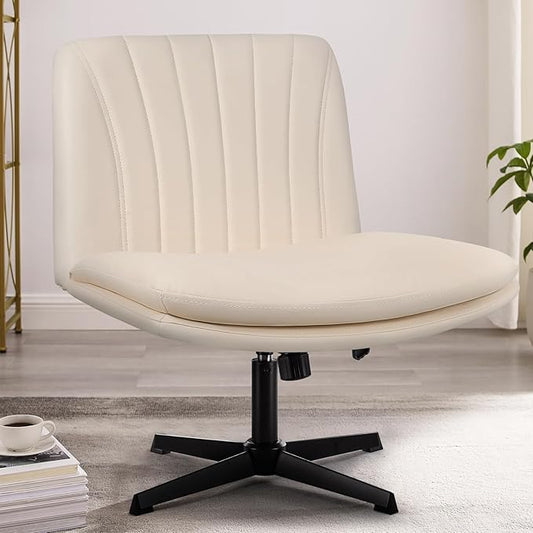 PUKAMI Criss Cross Legged Office Chair,Armless Office Desk Chair No Wheels,PU Leather Modern Swivel Vanity Chair,Height Adjustable Wide Seat Mid Back Computer Task Chair for Home Office
