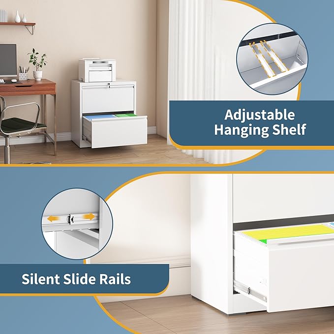 2 Drawer File Cabinet with Lock, Lateral Filing Cabinets,Metal Storage Filing Cabinets for Home Office, Heavy Duty File Cabinet for Letter/Legal/A4/F4 Size, Amssebly Required, White