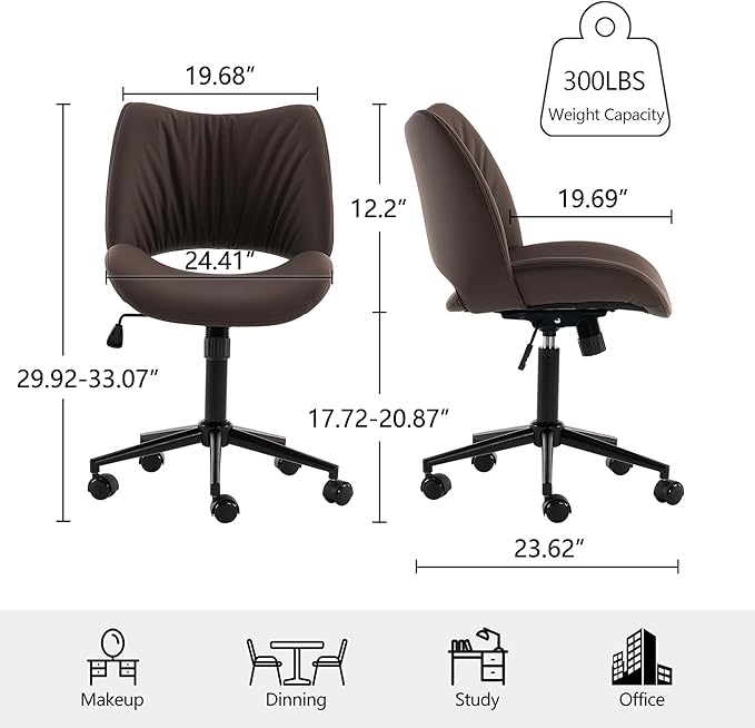 Rowill Armless Office Desk Chair, Ergonomic PU Leather Modern Task Chair with Back Adjustable Height, 360° Swivel Vanity Chairs with Wheels for Small Space, Home Office, Bedroom, Brown