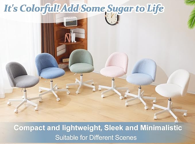 VINGLI Candy Chair Armless Cute Desk Chair,Comfy Small Office Chair with Wheels,Vanity Chair with Lumbar Support,Teddy Adjustable Rolling Swivel Computer Task Chair for Home Office,Bedroom,Muted Grey