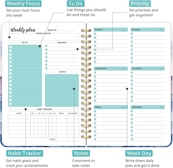 Undated Weekly Planner, Weekly To Do List Notebook with Goal & Habit Tracker Organizer, A5 Weekly Planner Notebook with Spiral Binding, 6.1" x 8.2" - Distant Peaks