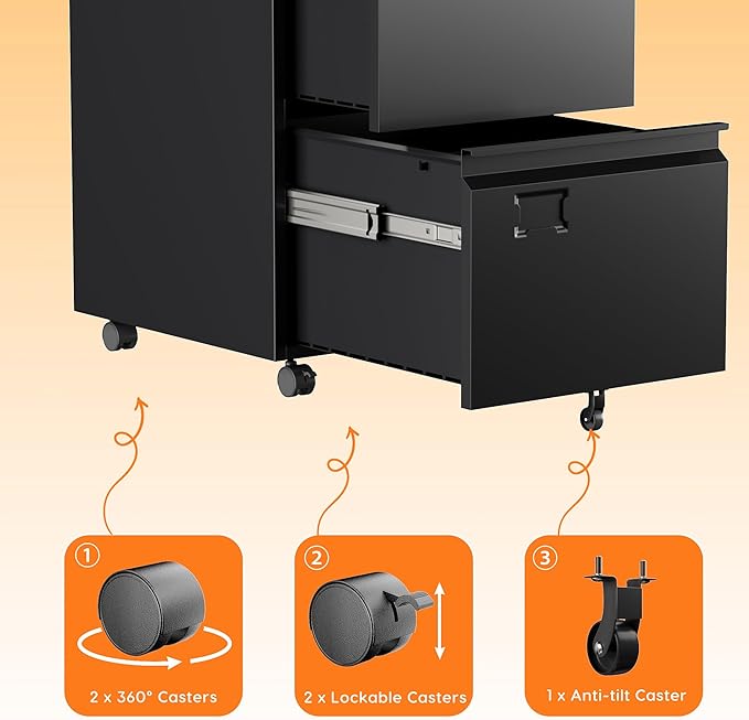 2 Drawers Metal File Cabinet with Lock, Under Desk Mobile Filing Storage Cabinet with Business Card Slot for Letter/Legal/F4/A4 Size Folders,Required Assembly,14.57"W x 17.36"D x 25.79"H,Black