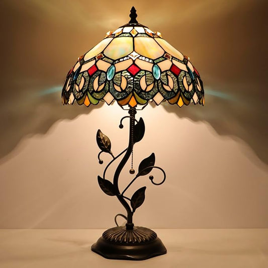Tiffany Table Lamp, Stained Glass Style Desk Lamp, 12X12X19 Inch,Bedside Reading Light, Metal Leaf Base (Seven Color Baroque)