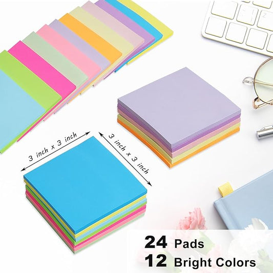 (24 Pack) Sticky Notes 3x3 in Post, Self-Stick Notes Pads 12 Bright Colors Sticky Note, Strong Adhesive, Recyclable, Easy to Post for Home, Office, Notebook