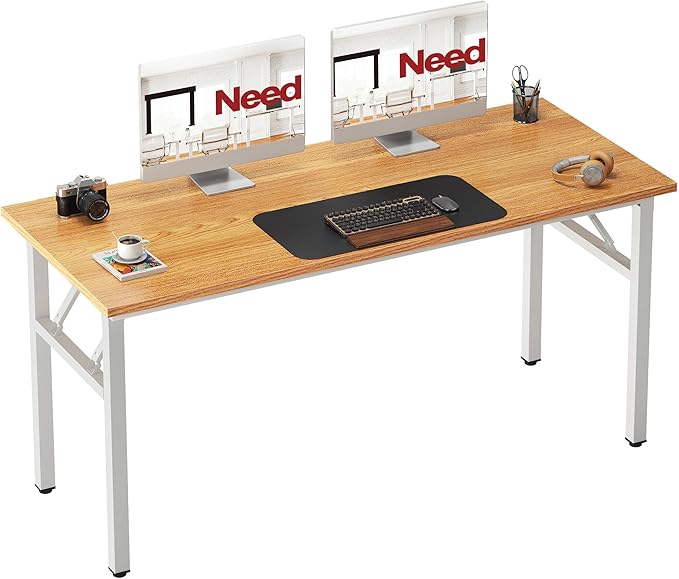 Need Office Computer Desk - 54.3L Sturdy and Heavy Duty Folding Laptop Table,Writing Table/Home Office Desk/Sewing Table,No Assembly Required (Teak & White Frame)