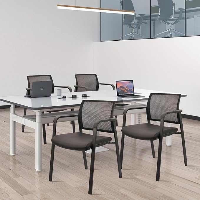 CLATINA Stackable Office Chair, Mesh Back Guest Chairs with Comfortable Leather Seat Arms Stacking Ergonomic Desk Chair No Wheels for Conference Waiting Reception School Stationary, Black, Set of 8