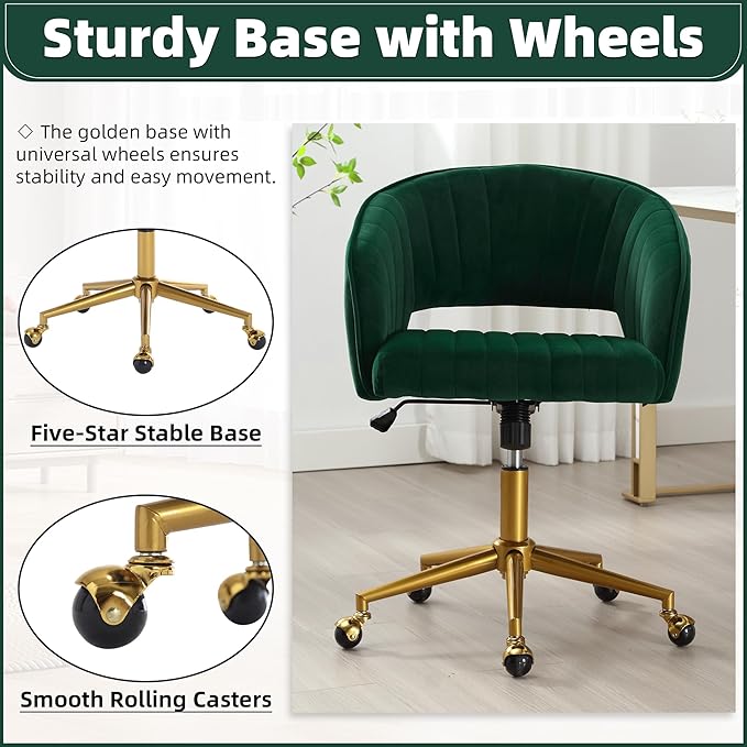 ABET Desk Chair with Wheels, Velvet Home Office Chair, Swivel Armchair Gold Base, Upholstered Modern Accent Chairs, Back Incline Adjustable for Living Room Bedroom Vanity, Dark Green