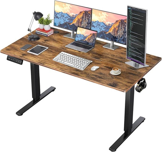 55 x 24 in Electric Standing Desk - Memory Height Adjustable Ergonomic Sit-to-Stand Rising Computer Table Gaming Workstations with 2 Hooks and Wire Hole for Home Office, Brown