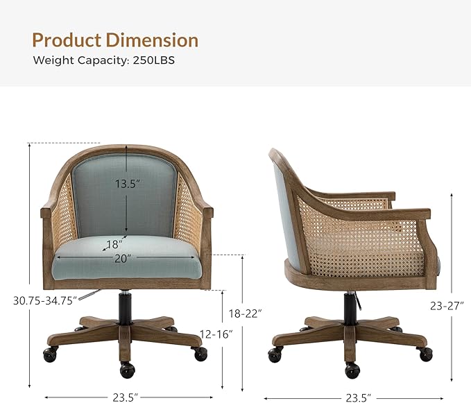 TINA'S HOME Rattan Desk Chair, Wood Upholstered Home Office Chair with Armrest, Adjustable Swivel Rolling Height Computer Task Chair for Living Room Bedroom Study Room, Blue