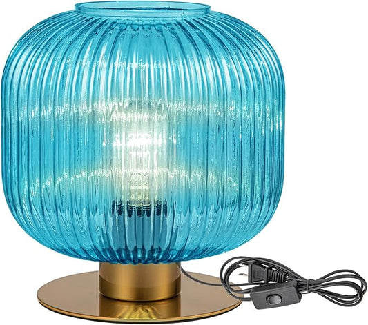 Side Table Lamp for Living Room, Coastal Table Lamps Blue Desk Lamp with Ribbed Glass Globe, Mid Century Modern Gold Bedside Lamp Bedroom Small Nightstand Lamp End Table Lamp