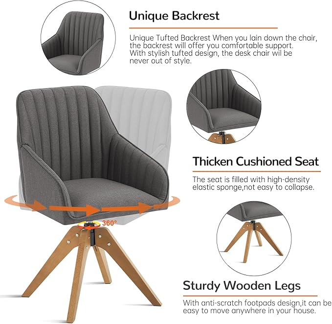 Furniliving Mid Century Modern Accent Chair, 36.8 Inch Upholstered Swivel Chair for Living Room with Arms Home Office Desk Chair for Bedroom Wood Legs Computer Task Chair No Wheels, Darkgrey