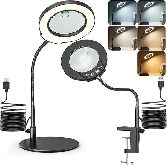 10X 15X Magnifying Glass with Light and Stand, 5 LED Color Modes Stepless Dimmable, Flexible Gooseneck Lighted Magnifying Glass with C-Clamp and Mental Base for Craft Close Work Sewing Reading