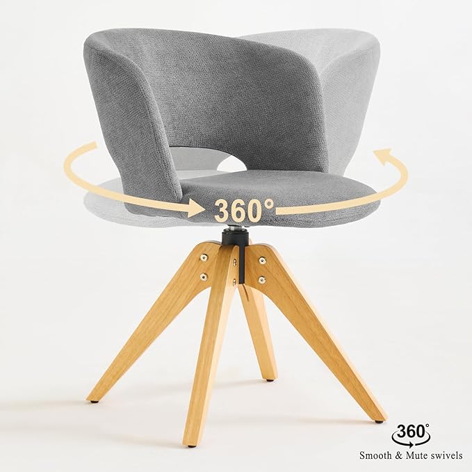 Mid Century Modern Swivel Accent Chair with Solid Wood Legs, Home Office Desk Chair No Wheels, Makeup Chair for Vanity, Upholstered Chair for Bedroom, Grey