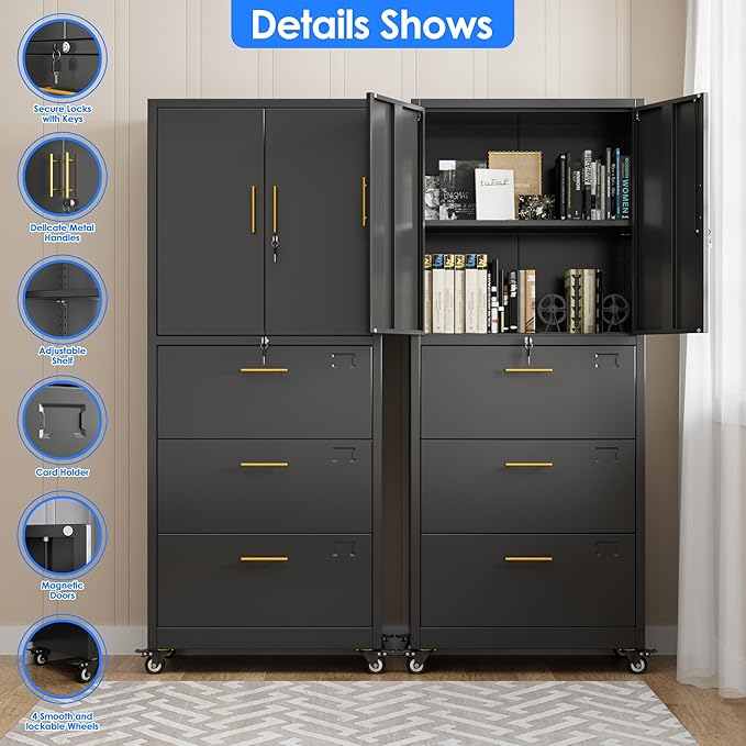 METAN Metal File Cabinet with 3 Drawers and 1 Shelves,Office Filing Cabinet on Wheels with Lock,Office Storage for Letter/Legal Size,Assembly Required,Black