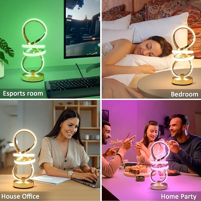 RGB Spiral Table Lamp, Modern LED Table Lamp, Chrome Cool Bedside Lamps, 7 Colors & 10 Light Modes Touch Dimmable LED Nightstand Lamp with USB/Type C for Bedroom, Living Room, Gold