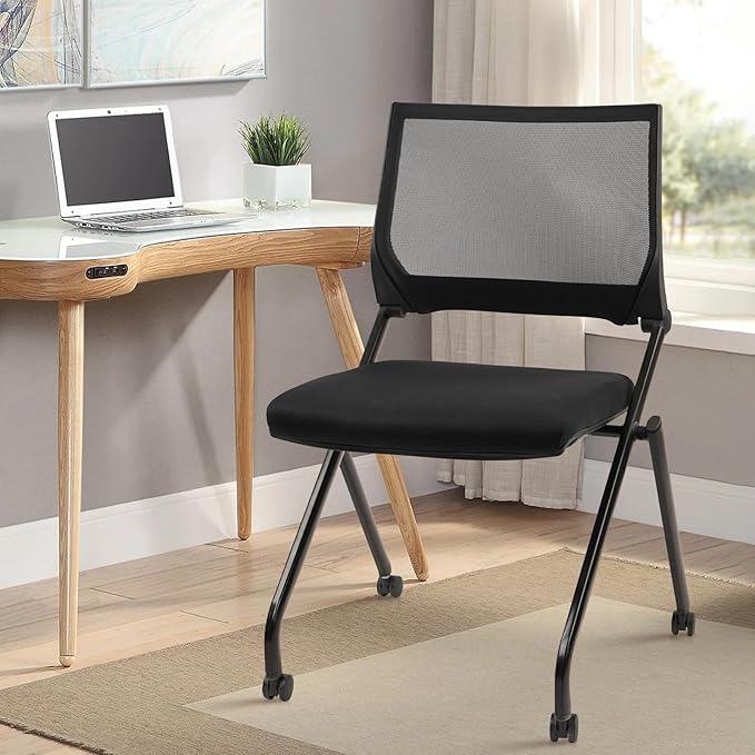 CLATINA Stackable & Foldable Waiting Room Chairs, Conference Room Chairs with Wheels & Lumbar Support, Ergonomic Mesh Bouncing Back Folding Chair for Office Meeting Schools Training, Black, 1PK
