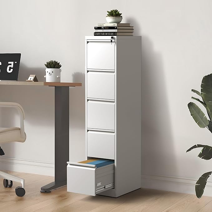 5-Drawer Locking Vertical File Cabinet, Metal Storage Cabinet for Office/Home – Secure Vertical Filing for Letter/Legal/A4/F4 Documents, Easy to Assemble Steel Cabinet (White, 5 Drawer-64 H)