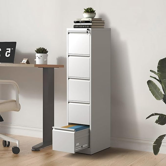 5-Drawer Locking Vertical File Cabinet, Metal Storage Cabinet for Office/Home – Secure Vertical Filing for Letter/Legal/A4/F4 Documents, Easy to Assemble Steel Cabinet (White, 5 Drawer-64 H)
