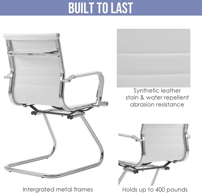 Wahson Office Guest Chairs Set of 10, Leather Reception Chairs, Mid Back Waiting Room Chair, Conference Chairs with Sled Base, Desk Chair No Wheels for Meeting/Lobby/Restroom, White