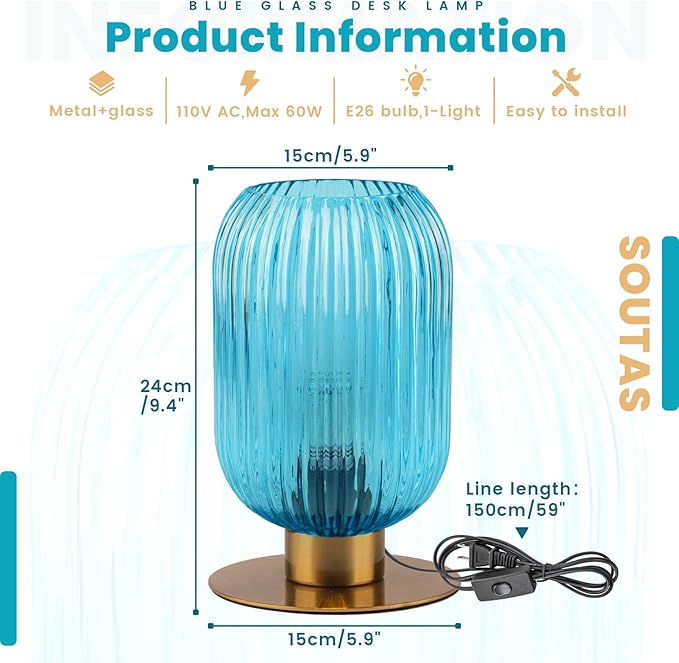Small Table Lamp for Bedroom, Blue Bedside Lamp Mini Nightstand Lamp with On/Off Switch, Elegant Ribbed Glass Table Lamp Mid Century Bedside Table Lamp Gold Desk Lamp for Living Room Office