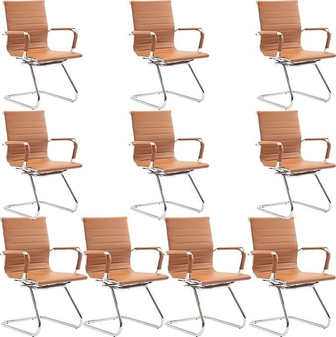 Wahson Office Guest Chairs Set of 10, Leather Reception Chairs, Mid Back Waiting Room Chair, Conference Chairs with Sled Base, Desk Chair No Wheels for Meeting/Lobby/Restroom, Terracotta