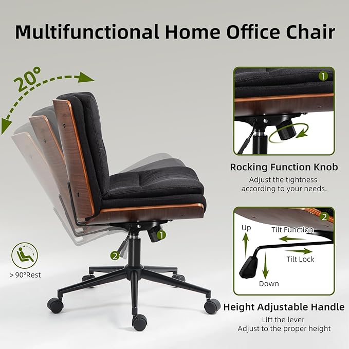 Office Chair, Criss Cross Legged Office Desk Chairs with Wheels, PU Leather Adjustable Wide Swivel Walnut Task Chair with Linen Fabric, Ergonomic Mid Back Computer Chair for Meeting Room, Home