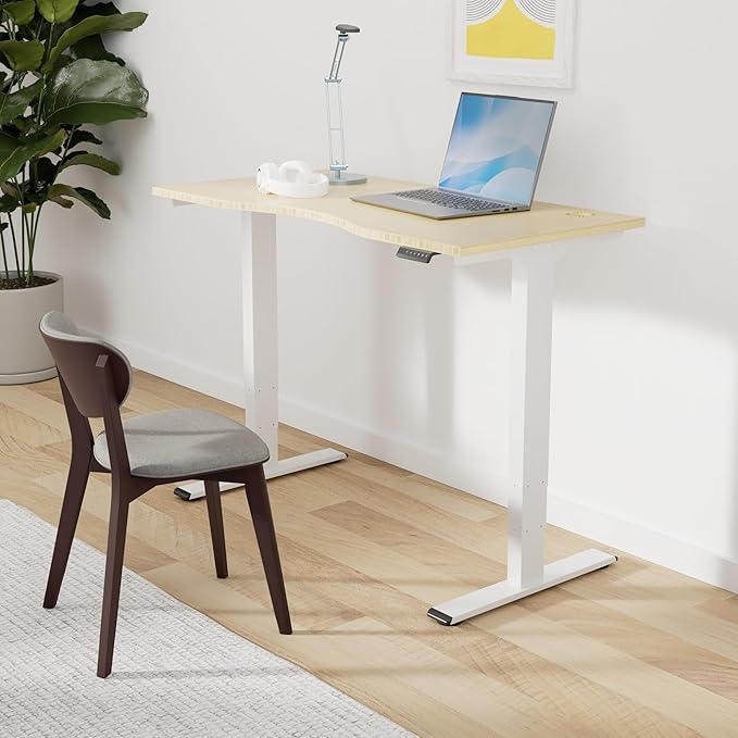 Height Adjustable Standing Desk 3 Stages Dual Motor Stand Up 48” Whole-Piece Bamboo Desktop Computer Desk, Electric Sit-Stand Desk for Home Office(White Frame/ 48” x 24” Curved Natural Bamboo Top)